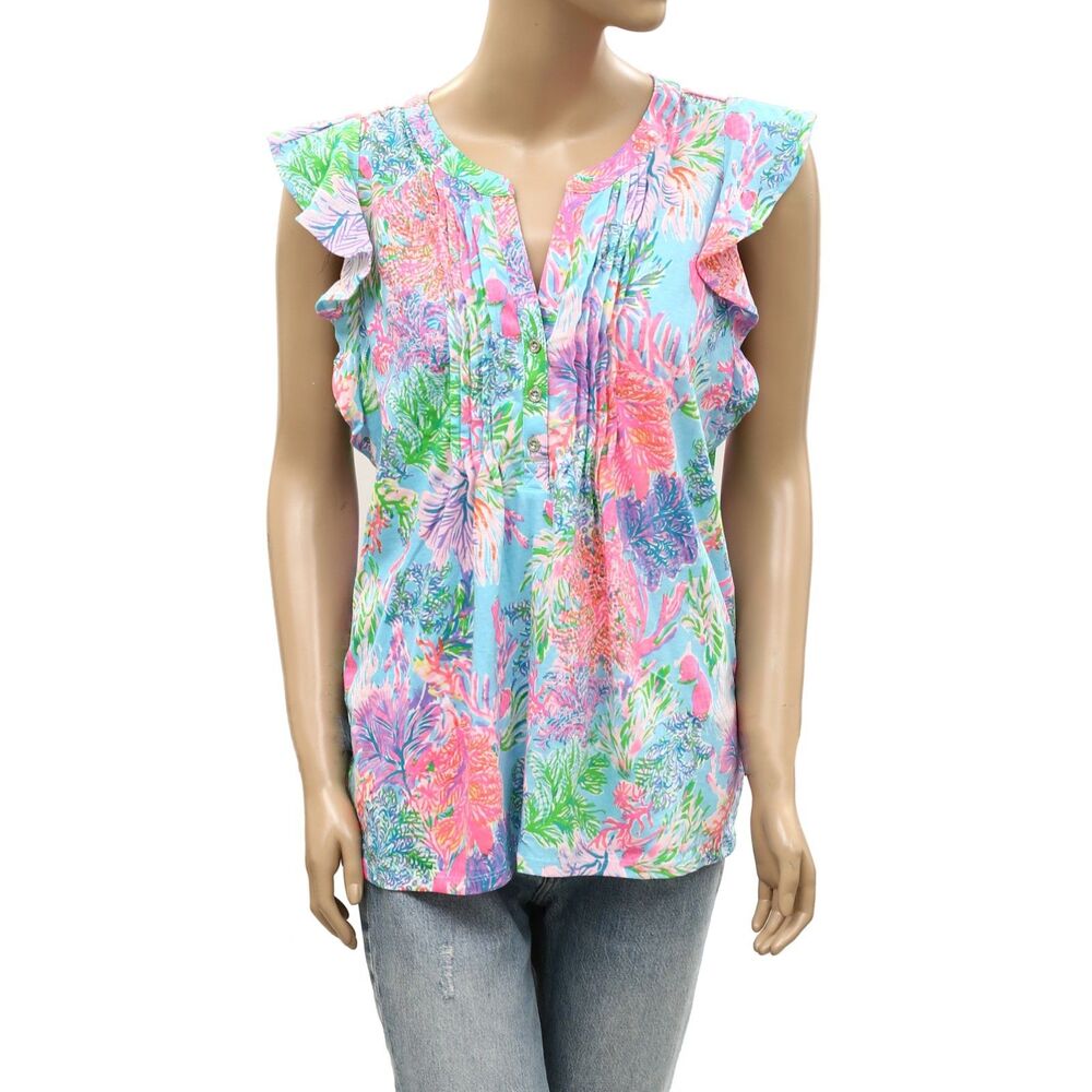 Lilly Pulitzer Golda Blouse Top Ruffle Pintuck Floral Printed Cotton S 288184
